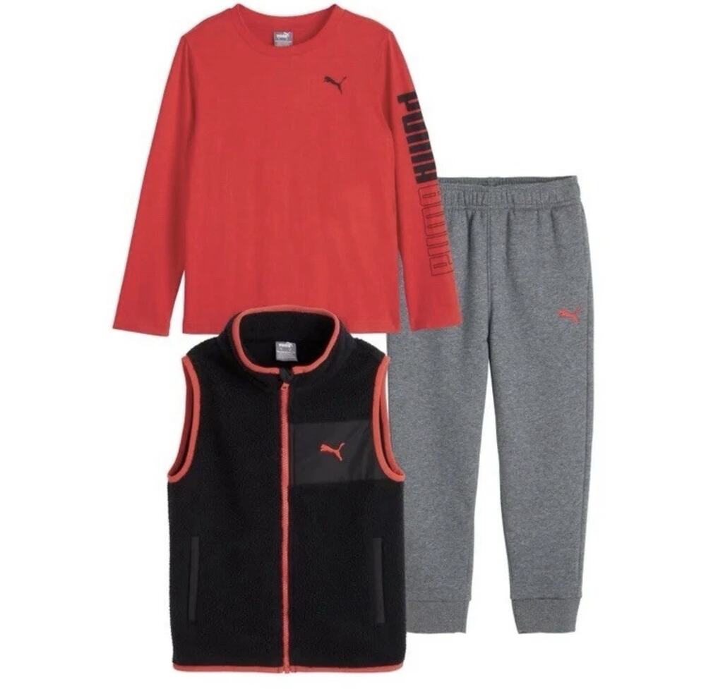 PUMA Boys Size 5 3 Piece Outfit Red Shirt Black Fleece Vest Gray Joggers